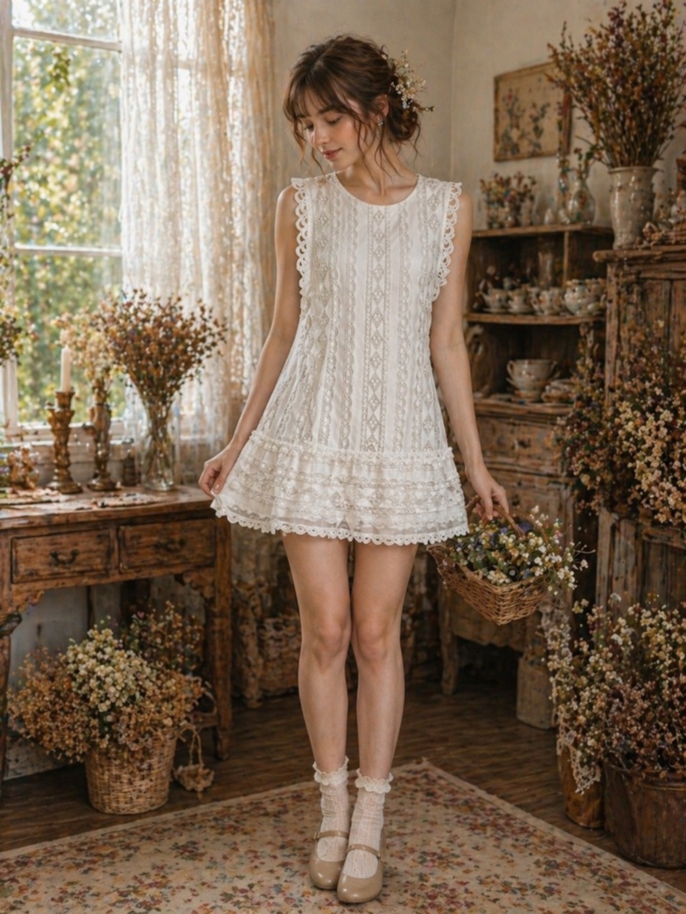 Endless Rose cottagecore Lace Trim Crochet Mini Dress White Size M Romantic
